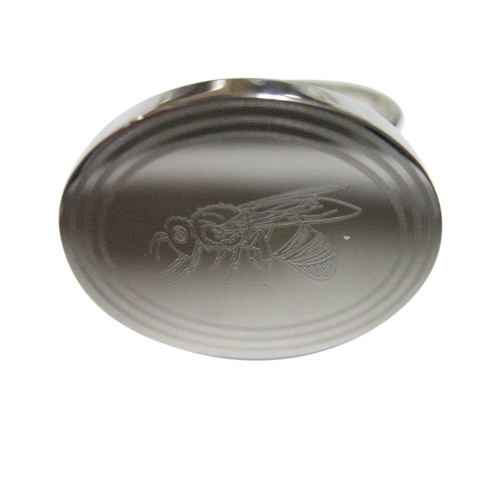 Silver Toned Etched Oval Bee Adjustable Size Ring